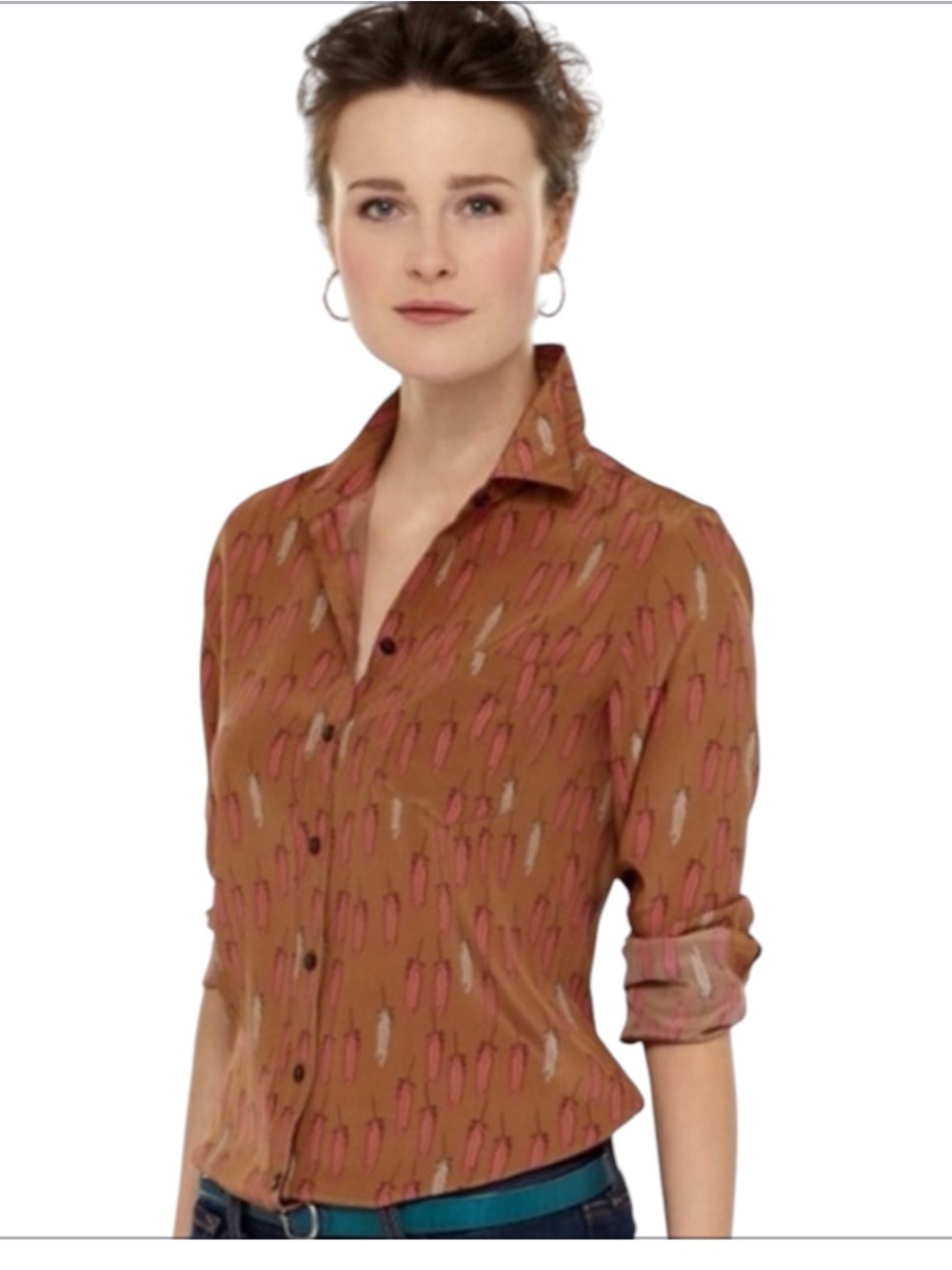 Fossil 100% Silk Camel Button-Up Blouse with Pink & Cream Feather Print